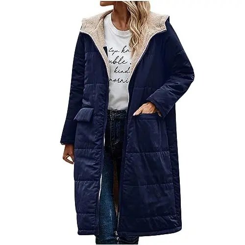 Produktbild: Guhmomh Winterjacke Damen Wintermantel Lange Steppjacke Warme Gefüttert Daunenjacke Langarm Parka mit Kapuze Winterparka Einfarbig Hoodie Reißverschluss Mantel Sale Damen Blau M