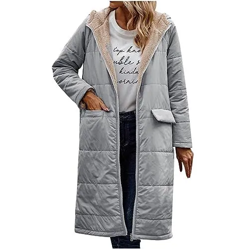 Produktbild: Guhmomh Winterjacke Damen Wintermantel Lange Steppjacke Warme Gefüttert Daunenjacke Langarm Parka mit Kapuze Winterparka Einfarbig Hoodie Reißverschluss Mantel Warehouse Deal Grau S