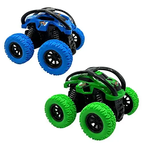 Produktbild: GUIGUZHJ Monstertruck Spielzeugauto, 2 Stück Monster Truck Aufziehauto Kinder Spielzeug, Reibung Zurückziehen, 360° Drehung Trägheit Fahrzeug, Auto Spielzeug für Baby Kinder ab 3 Jahre (Grün & Blau)