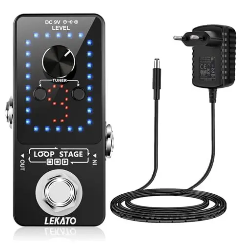 Produktbild: Guitar Looper mit Netzteil, LEKATO 9 Loops 40 Minuten Aufnahmezeit Gitarren-Looper Eingebautes Stimmgerät Unbegrenzter Overdub Elektronisches Looper-Effektpedal für E-Gitarren-Bass (mit Adapter)