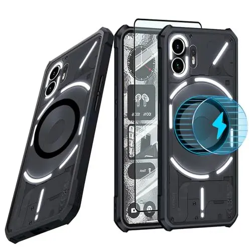 Produktbild: Guizzcg für Nothing Phone 2 Hülle,Kompatible mit MagSafe, Weicher TPU-Stoßfänger + Transparente Acryl-Rückseite, Airbags Schutzhülle Sturzfest Stoßfest (1 Stück Schutzgla),Magnetisch Schwarz