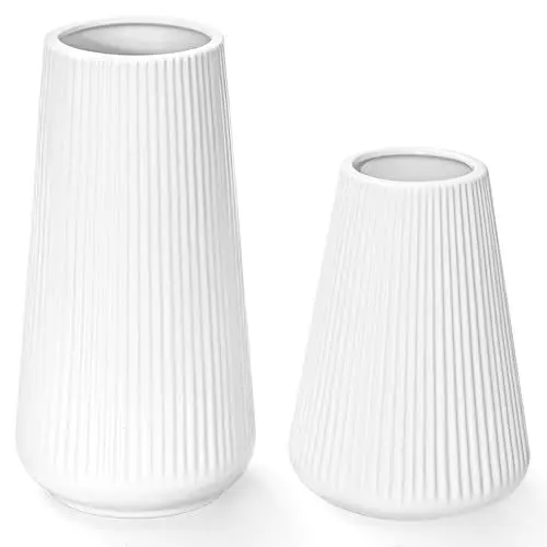 Produktbild: GUKJOB Vasen Deko- Vase Keramik mit Rillen, Vasen Set aus 2 Keramik Vase Weiß für Pampasgras Deko im Blumenvase, Matt Vase Klein, Boho Deko Modern für Home, Flur Deko,Tischdeko,Trocken Blumen Flower