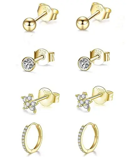 Produktbild: GULICX Klein Schlafen Creolen Silber 925 Damen Ohrstecker Ohrringe, 4 Paare Hypoallergen Gold Silber Ohrstecker &Creolen Ohrringe Set für Damen Mädchen
