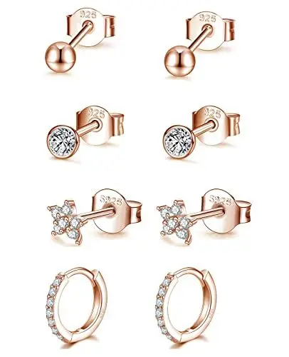 Produktbild: GULICX Klein Schlafen Creolen Silber 925 Damen Ohrstecker Ohrringe, 4 Paare Hypoallergen Rose Gold Silber Ohrstecker &Creolen Ohrringe Set für Damen Mädchen
