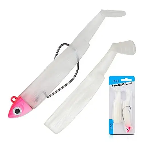 Produktbild: Gummifische mit Jigkopf wählbar 9cm 25g, 9cm 15g, 7cm 10g oder 7cm 5g | Zander Gummiköder Zander | Gummifische Zander Köder Gummifisch Set | Gummiköder Angelköder Set Raubfisch (7cm | 10g, Rosa Weiß)
