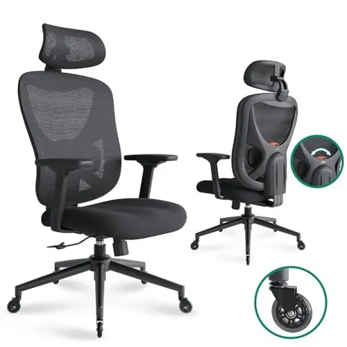 Produktbild: Gummi-Rollen Verstellbare Rückenlehne Ergonomischer Bürostuhl mit 3D-Lendenwirbelstütze & verstellbarer Kopfstütze, Bürostuhl mit 3D Armlehne Schreibtischstuhl, Ergonomischer Bürostuhl Schwarz