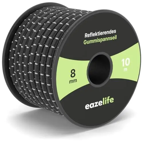 Produktbild: Gummiseil auf Rolle - reflektierend, wetterfest, zuschneidbar, hochelastisch, belastbar, vielseitiges Expanderseil für Anhänger, Segelsport, Angeln & Outdoor (schwarz, 8mm x 10m)