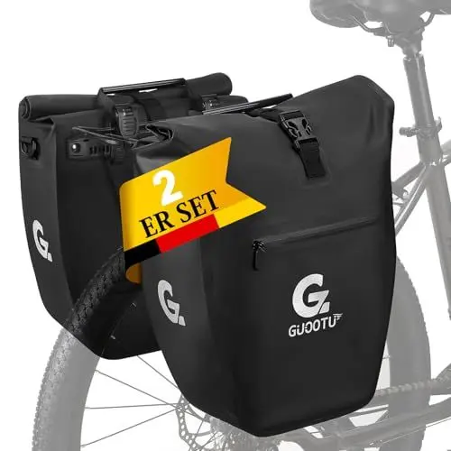 Produktbild: GUOOTU 2 Er Set Fahrradtasche für Gepäckträger 48L,aus Tarpaulin Hinten Gepäckträgertasche mit Reflektoren, mit Tragegriff und Schultergurt(Schwarz 24L, 2er Set)