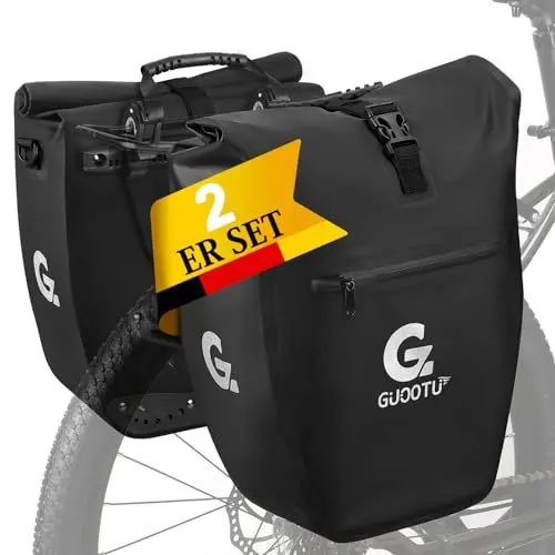 Produktbild: GUOOTU 2 Er Set Fahrradtasche für Gepäckträger 64L,aus Tarpaulin Hinten Gepäckträgertasche mit Reflektoren, mit Tragegriff und Schultergurt (Schwarz 32L, 2er Set)