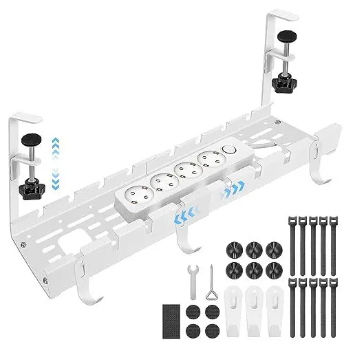 Produktbild: GUOOUG Kabelkanal Schreibtisch Weiß Ohne Bohren, Einziehbar 28,5-55CM Kabelmanagement Schreibtisch, Verstellbarer Metall Kabelhalter Kabelwanne Kabel Organizer Tisch, Kabelkorb Klemmbar für Büro/Heim