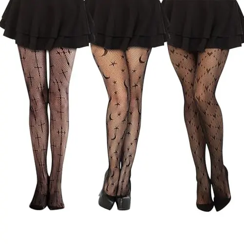 Produktbild: GUOYOU 3 Stücke Halloween Netzstrümpfe Netzstrumpfhose Schwarz Halloween Herzen Sterne Mond und Kreuzmuster Strumpfhose Netzstrumpfhosen,Halloween Kostüm Accessoires Festival Karneval Strümpfe