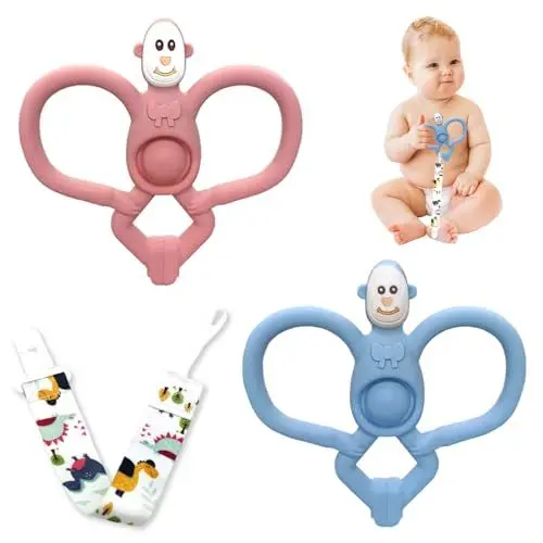 Produktbild: GUOYOU 2 PCS Beißring Baby Beißring Affe Original - Baby Zahnungshilfe - weiche Noppen massieren wundes Zahnfleisch - Silikon BPA-frei - Greifling für Zahnen - ab 3 Monaten Blau Rosa