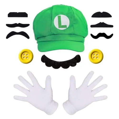 Produktbild: GUOYOU Cosplay Kostüm Kinder Accessoires, Erwachsene Karneval Kostüm Mütze Grün Hut Handschuhe Bart Gelbe Knöpfe, Faschingkostüme Mottoparty Halloween, für Kinder Damen Herren