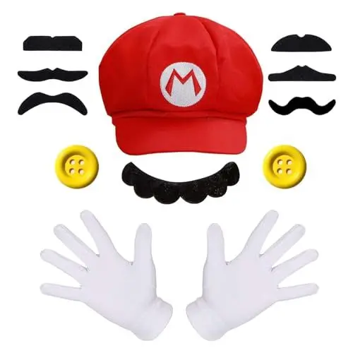 Produktbild: GUOYOU Cosplay Kostüm Kinder Accessoires, Erwachsene Karneval Kostüm Mütze Rot Hut Handschuhe Bart Gelbe Knöpfe, Faschingkostüme Mottoparty Halloween, für Kinder Damen Herren