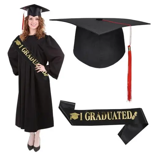 Produktbild: GUOYOU Bachelor Hut, Verstellbar Bachelor Abschluss Hut, Absolventenhut Unisex mit I GRADUATED Schärpe Schwarz, Studentenhut für Abschlussfeiern Foto Hintergrund Abschlussparty