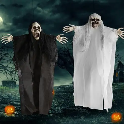 Produktbild: GUOYOU Skelett Hängende Geister Deko - 2 Stücke Furcht Schwarz Weiß Verstellbare Arme - Halloween Dekorative Requisiten für Party, Geheimraum, Bar, Tür, Fenster, Baum