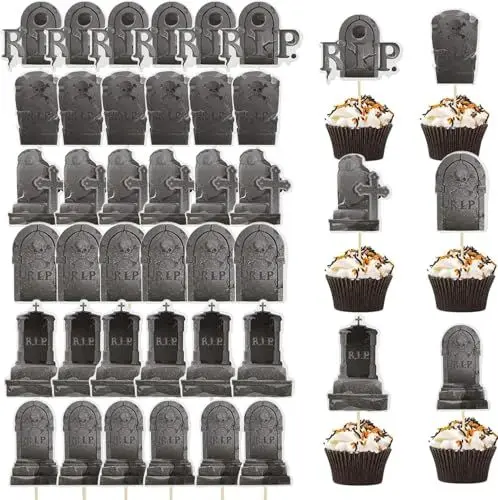 Produktbild: GUOYOU36 Stücke Halloween Kuchen Deko,Halloween Cupcake Topper Happy Halloween Cake Toppers Cupcake Deko Kuchen Grabstein Tortendeko Muffins Dessert Dekoration,Per Gruselige Halloween-Mottopartys