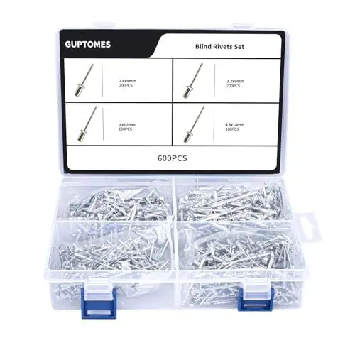 Produktbild: GUPTOMES Blindnieten Set 600 Stück Blindnieten 2,4mm/3,2mm/4mm/4,8 mm Aluminium-Blindnieten kuppelförmiger Kopf Nieten offenes Ende Pop-Nieten für Metall Holz Kunststoff