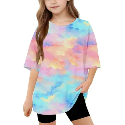 Produktbild: Guqmjde Mädchen T-Shirt Batik Tshirt Sommer Kurzarm Mode Tops Lässiger Klamotten Tie-Dye Shirt Atmungsaktive Kleidung Rundhals Bekleidung Regular Tunika Kurze Ärmel Oberteile Mehrfarbig, 10 Jahre