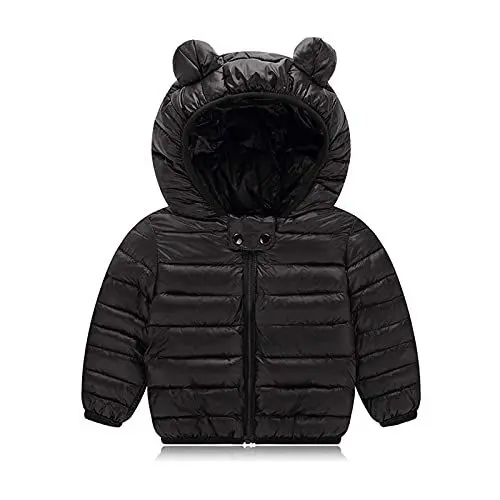 Produktbild: Guqmjde Prime Mädchen Daunenjacke Baumwolle Winterjacke Thermal Mantel Plain Wintermantel Jacken Puffer Jacke Kapuzenjacke Warm Daunenmantel Outdoorjacke Thermojacke Sweatjacke Schwarz, 3–4 Jahre