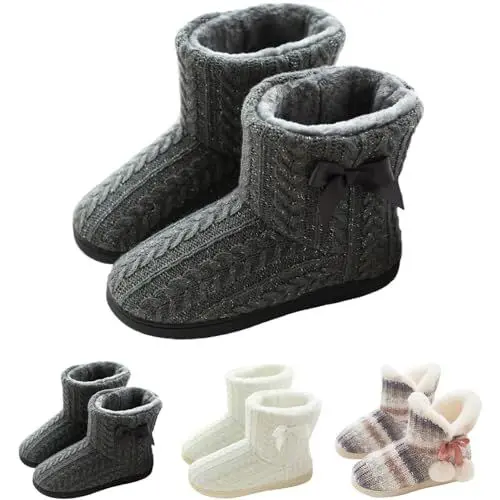 Produktbild: GURGER Hausstiefel Damen Plüsch Hausschuhe Hohe Hüttenschuhe Gefüttert Warm Winter Pantoffeln Strick Slipper Feste Sohle für Frauen Grau Gr. 37 38