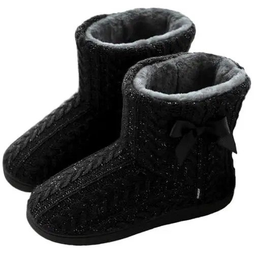 Produktbild: GURGER Hüttenschuhe Damen Plüsch Hausstiefel Gefüttert Hausschuhe Hohe Warm Winter Pantoffeln Strick Slipper Feste Sohle für Frauen Schwarz Gr. 37 38