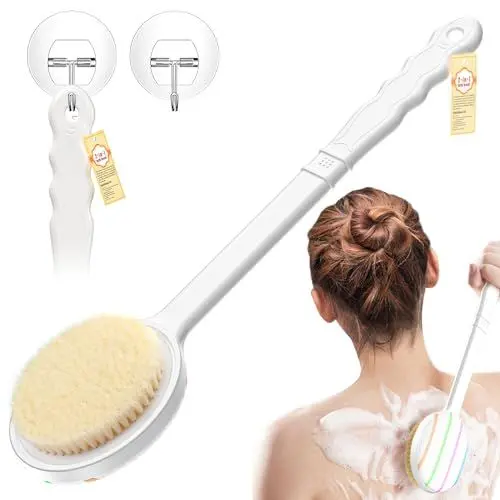 Produktbild: Guscase Rückenbürste Dusche mit Langem Stiel, Doppelseitige Duschbürste, Körperbürste, Badebürste, für Körper Reinigen und Peeling, Verbesserte Hautgesundheit Lymphfunktionen, mit 2 Klebriger Haken