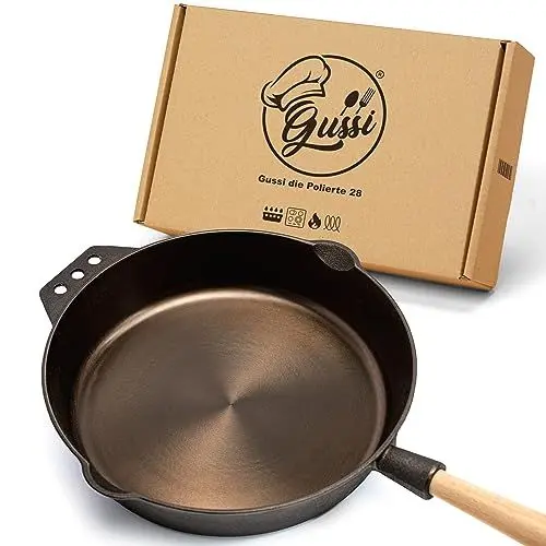 Produktbild: GuSSi® Gusseisenpfanne 28 cm - Poliert - Unbeschichtet - Gusspfanne für Gasgrill Induktion & Backofen - Gusseiserne Pfanne mit hohem Rand - Bratpfanne Gusseisen mit abnehmbarem Griff