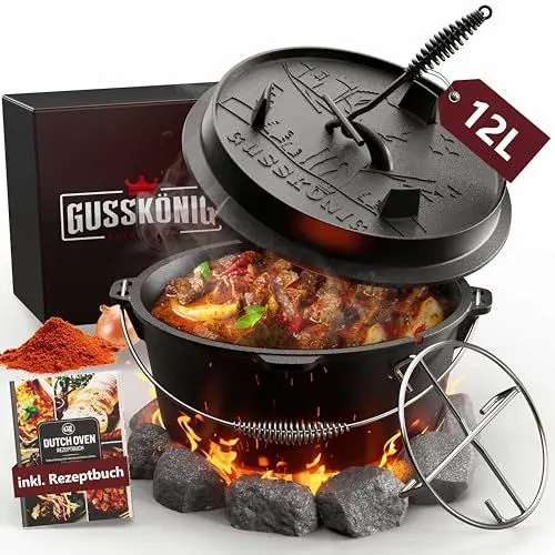 Produktbild: GUSSKÖNIG Dutch Oven Set (12L) - Eingebrannter Feuertopf mit praktischem Deckelheber und Edelstahl Untersetzer