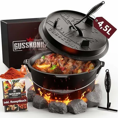 Produktbild: GUSSKÖNIG Dutch Oven Set (4.5L) - Eingebrannter Feuertopf mit praktischem Deckelheber und Füßen