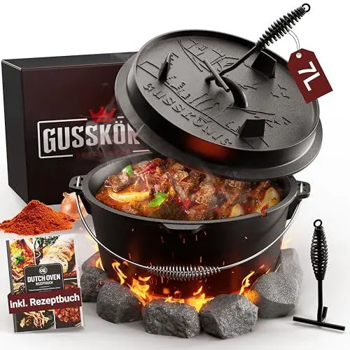 Produktbild: GUSSKÖNIG Dutch Oven Set (7L) - Eingebrannter Feuertopf mit praktischem Deckelheber und Füßen