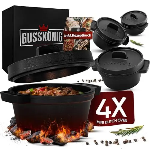 Produktbild: GUSSKÖNIG Dutch Oven Set Mini - 4x 300ml Gusseisen Mini Topf mit Deckel - bereits eingebrannter Mini Dutch Oven - Mini Cocotte Gusseisen Servierpfännchen
