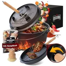 Produktbild: GUSSKÖNIG Dutch Oven Set - Eingebrannter Dutch Oven 9 Liter - Feuertopf Gusseisen mit Füßen - Schmortopf Doppelfunktion - inkl. 2in1 Deckelheber, Bürste & DutchOven Rezeptbuch (für 6-10 Personen)