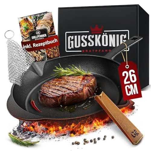Produktbild: GUSSKÖNIG Gusseisenpfanne - 26cm, Eingebrannte Pfanne Gusseisen - ideale Gusseisenpfanne Induktion, Gusseisen Pfanne, Eisenpfanne, Cast Iron Pan, Gusspfanne, Steakpfanne, Gusseiserne Pfanne Grill
