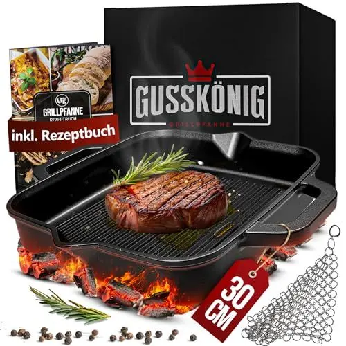 Produktbild: GUSSKÖNIG Gusseisenpfanne - 30cm Pfanne Gusseisen - Grillpfanne Gasgrill - Eingebrannte Gusseisen-Pfanne - Cast Iron Pan - Robuste Gusspfanne - inkl. Ringreiniger & Rezeptbuch