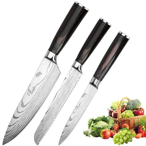 Produktbild: Gustrug Messerset Küchenmesser Set 3-tlg mit Pakkaholzgriff, Scharfe Messer Set aus Hochwertigem Carbon Edelstahl mit Kochmesser, Brotmesser, Allzweckmesser - Geschenkbox