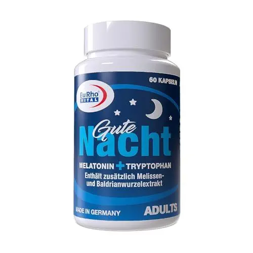 Produktbild: Gute Nacht | Mit natürlichem Melatonin, Tryptophan, Melissen- und Baldrianwurzelextrakt | EuRho® Vital – Made in Germany | 60 Kapseln