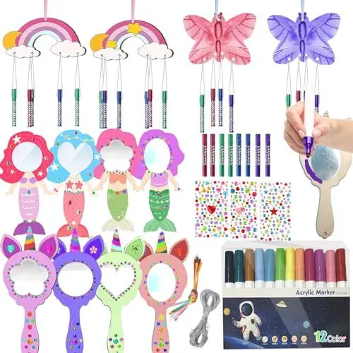 Produktbild: Gutenguy 37 Stück Holz Bastelset, Kinder Basteln, 4 Einhorn 4 Meerjungfrau, Regenbogen, Schmetterling mit Hängendem Klangspiele, Aquarellstift & Edelsteinaufkleber