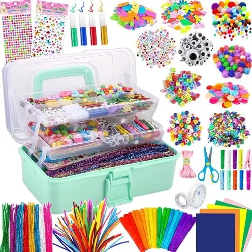 Produktbild: Gutenguy Bastelset Kinder, 3000+Pcs Bastelkoffer Bastelbedarf Material Set, Große Bastelbox Geschenke für Mädchen Jungen3 4 5 6 7 8 9 10 11 12 Jahre-Hellgrün