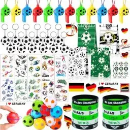 Produktbild: Gutenguy Fußball Party Mitgebsel Kinder mit Schlüsselanhänger, Armband, Fußball Drehen, Trillerpfeife, Tattoos, Partei Geschenk Taschen, Mitgebsel Kindergeburtstag Fussball für Kindergeburtstage