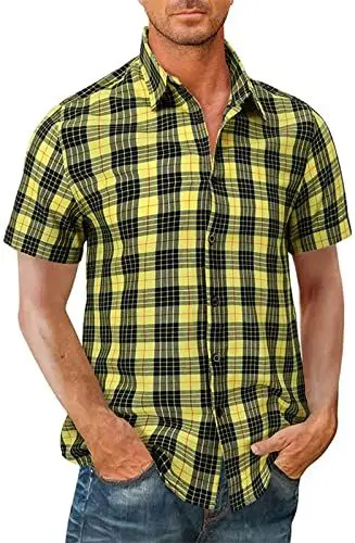 Produktbild: Gutsbox Herren Hemd Kurzarm Regular Fit Herrenhemden Freizeithemd Sommerhemd Aus 100% Baumwolle Kurzarmhemd, Gelb
