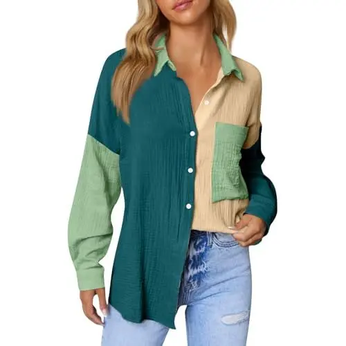 Produktbild: Gutschein Amazon Leinenbluse Damen Musselin Bluse Shirt Damen Lange Ärmel Blusenshirt Oberteil Tshirt Freizeithemd T-Shirt Damen Oversize Shirt Lange Ärmel Damen Leinenbluse Damen(#B Dark Green,M)