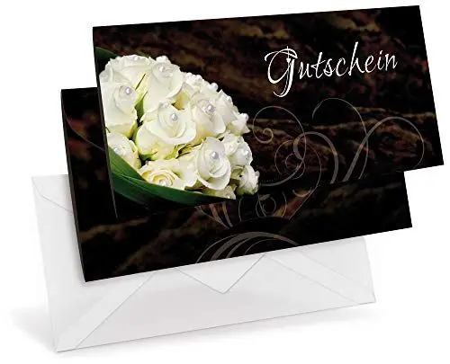 Produktbild: Gutscheinkarten (10 Stück) mit transparenten Briefumschlägen - Geschenkgutscheine für Hochzeit, Blumenhandel, Geschenkartikel - DIN lang Faltkarte verschließbar