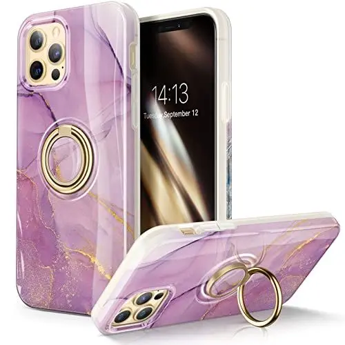 Produktbild: GVIEWIN Kompatibel mit iPhone 12 Hülle/iPhone 12 Pro Hülle 6,1 Zoll 2020, Integrierter um 360° drehbarer Ringhalter Ständer, Marmor Schlank TPU Stoßfest Schutzhülle (Mit Ringständer),Romantisches Lila