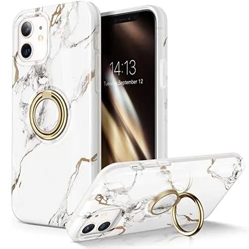 Produktbild: GVIEWIN Kompatibel mit iPhone 12 Hülle/iPhone 12 Pro Hülle 6,1 Zoll 2020, Integrierter um 360° drehbarer Ringhalter Ständer, Marmor Schlank TPU Stoßfest Schutzhülle (Mit Ringständer), Weiß/Golden