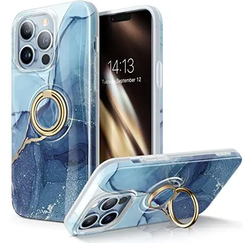 Produktbild: GVIEWIN Kompatibel mit iPhone 13 Pro Hülle 6,1 Zoll 2021, Integrierter um 360° drehbarer Ringhalter Ständer, Stilvoller Marmor Luxuriös Schlank TPU Stoßfest Schutzhülle (Mit Ringständer), Navy Blau