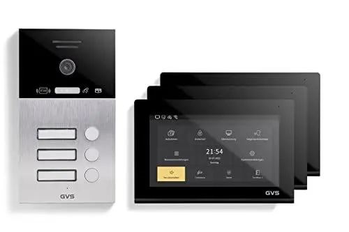 Produktbild: GVS - IP Video Türsprechanlage 3 Familienhaus mit Türöffner (RFID), HD Kamera, 3X 7 Zoll Monitor & App - Smarte Video Türklingel mit Kamera & Gegensprechanlage (AVS4091U)