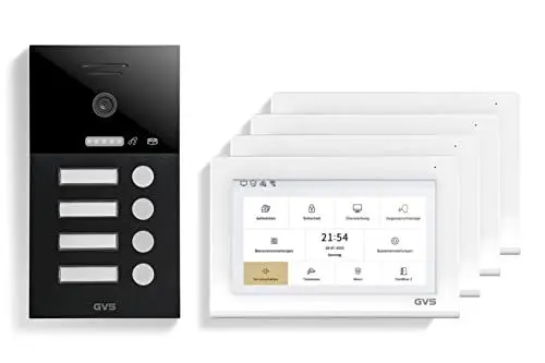 Produktbild: GVS - IP Video Türsprechanlage 4 Familienhaus mit Türöffner, HD Kamera, 4X 7 Zoll Monitor & App - Smarte Video Türklingel mit Kamera & Gegensprechanlage (AVS1378U)