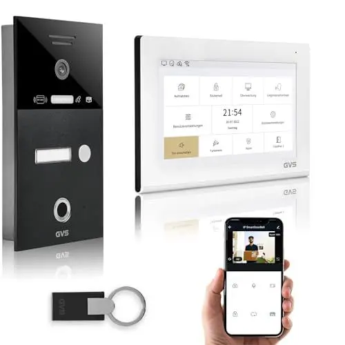 Produktbild: GVS - IP Video Türsprechanlage mit Türöffner, Fingerprint & RFID, HD Kamera, 1x 7 Zoll Monitor & App - Smarte Video Türklingel mit Kamera & Gegensprechanlage für 1 Familienhaus (AVS4479U)