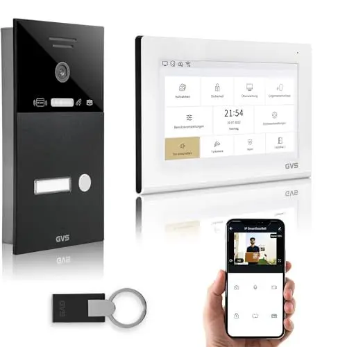 Produktbild: GVS - IP Video Türsprechanlage mit Türöffner, RFID Zugang, HD Kamera, 1x 7 Zoll Monitor & App - Smarte Video Türklingel mit Kamera & Gegensprechanlage für 1 Familienhaus (AVS4462U)